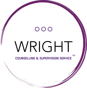 A logo design featuring a circular arrangement of overlapping purple arcs, forming a dynamic, layered ring. Near the top center of the circle are three small purple dots aligned horizontally, adding visual balance. Inside the circle, the word “WRIGHT” is prominently displayed in bold, uppercase black letters. Beneath it, the phrase “COUNSELING & SUPERVISION SERVICE” appears in smaller, uppercase purple text. The overall design conveys a modern and professional identity, with the circular motif suggesting wholeness, connection, and continuity—well-suited to a therapeutic or supervisory context