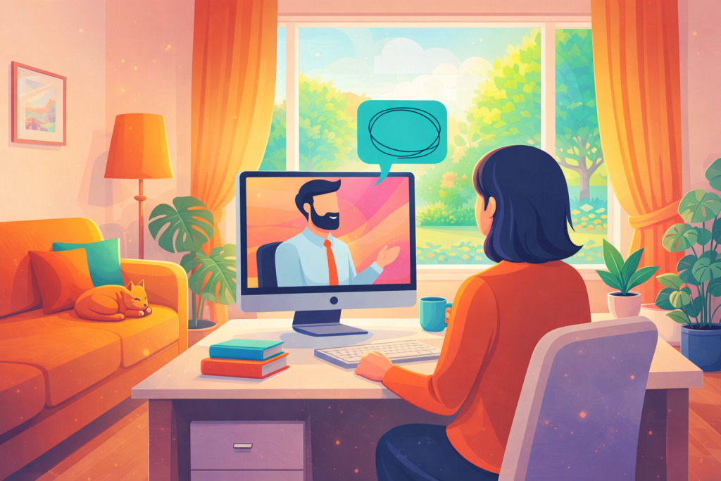 benefits of affordable online therapy: A person sitting in there home talking to a therapist online