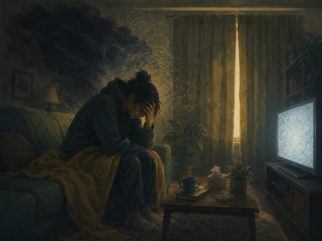 Person experiencing anxiety and depression while hunched on a sofa